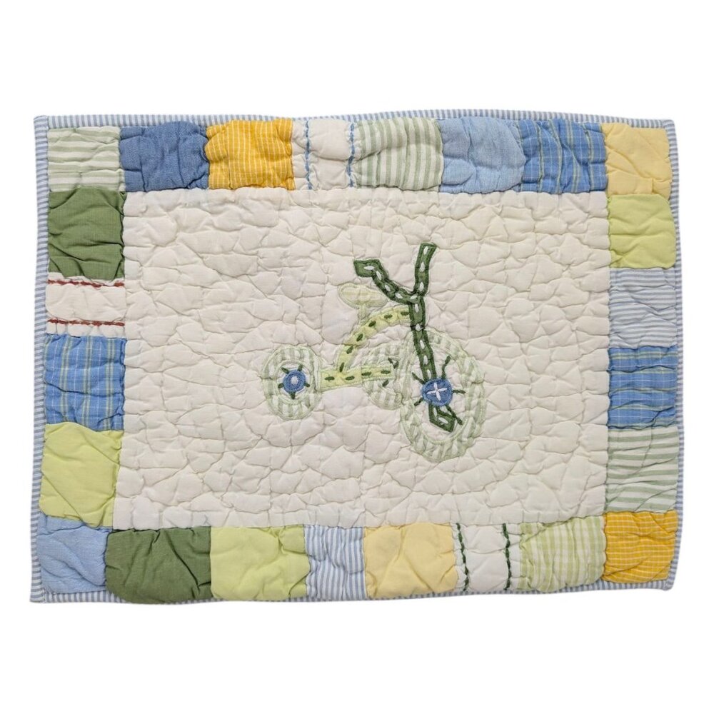 Pottery Barn Kids Quilted Throw Pillow Cover Blue Yellow Tricycle 16" x 11.5"